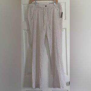 NWT Dalia Khaki White Stripes Draw String Linen Cotton Blend Women Casual Pants